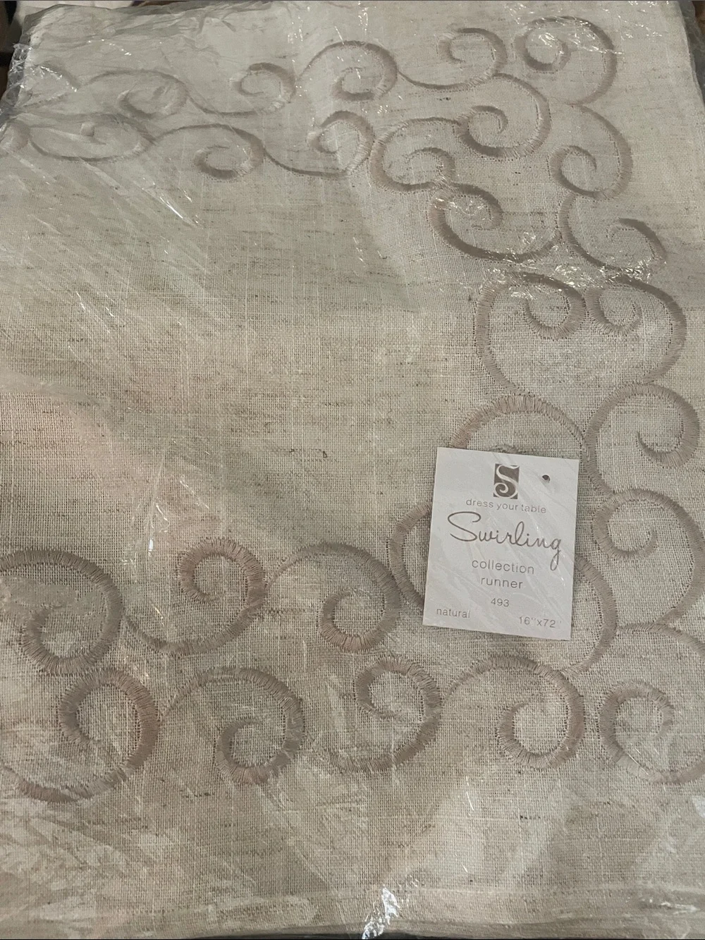 SARO Swirling Embroidered Design Linen Blend Table Runner Natural 16x72